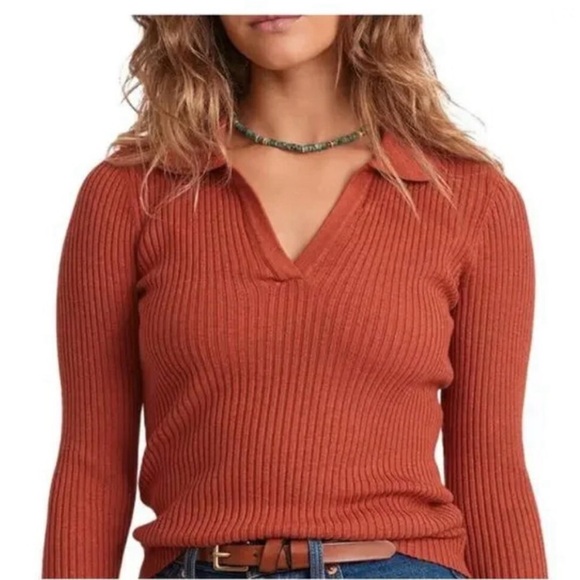 Marine Layer Tops - Marine Layer Ribbed Knit Collared Sweater Top – Rust Orange – Size Small